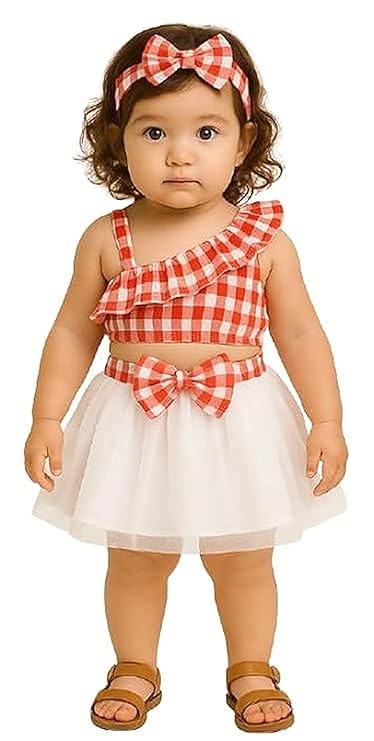 Baby Girl 2-Piece Outfit with One Shoulder Ruffle Top and Matching Bow Skirt and Headband | Party Dress for Baby Girl