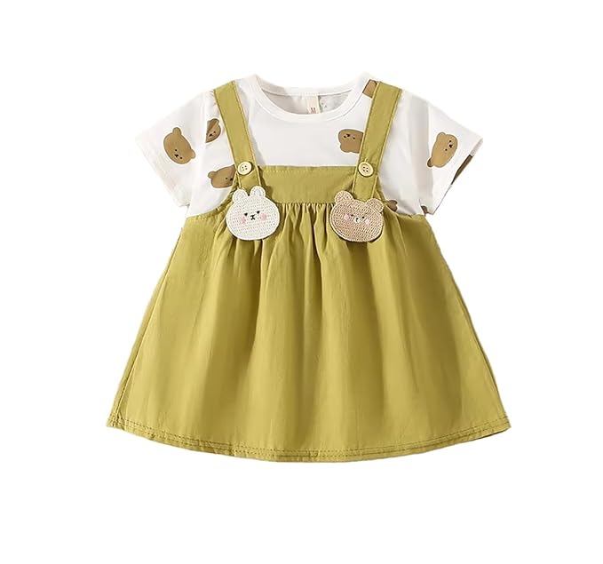 Bold N Elegant Cotton Half Sleeve Teddy Bear Patch Tunic Pinafore Pinny Midi Dress Frock for Infant Toddler Baby Girls