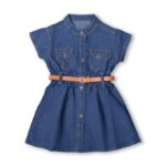 Bold N Elegant Girl’s Short Sleeve Front Open Stylish Cute Cotton Denim Dress Frock Tunic with PU Leather Belt and Pockets for Infant Toddler Baby Girls