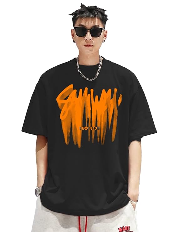 LEOTUDE Half Sleeve Oversized Cottonblend Round Neck Printed Men’s T-Shirt (Color Black)