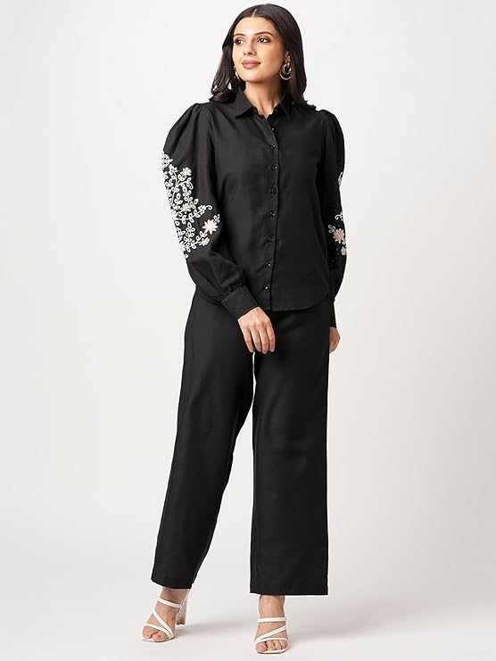 Selvia Co-ords Set for Women|Cotton Blend Shirt & Trouser Set|Ethnic Co-ords Set for Women|Embroidery Two Piece Co-ord Set