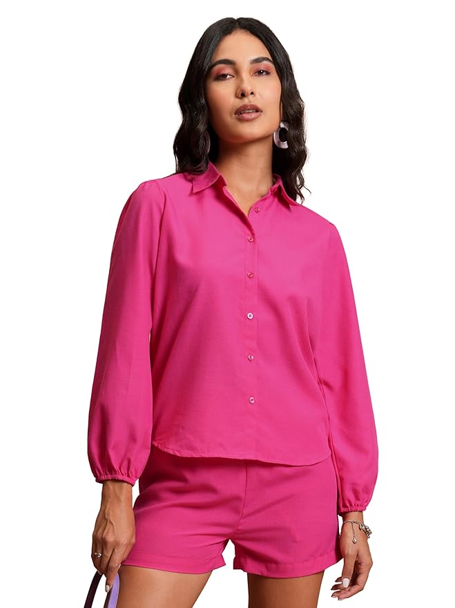 Tokyo Talkies Women’s Elegant Bishop Sleeve Shirt & Shorts Co-ord Set | Chic& Eftless | Perfect for Casual & Semi-formal Looks