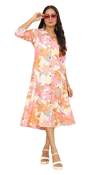 KESUDI A Line Dresses for Women Western Rayon Floral One Piece Dress for Women | Stylish Flared Roll Tab Sleeve | Knee Length Midi Maxi Dress | Wear as Beach, Party