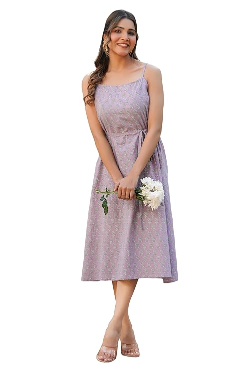 Janasya Women's Lavender Pure Cotton Floral Printed A-line Dress