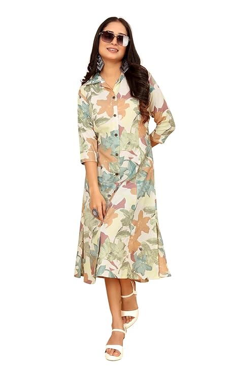 KESUDI A Line Dresses for Women Western Rayon Floral One Piece Dress for Women | Stylish Flared Roll Tab Sleeve | Knee Length Midi Maxi Dress | Wear as Beach, Party