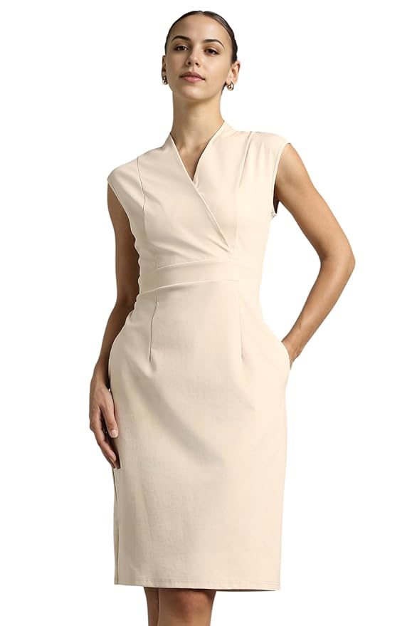 Van Heusen Women’s Cotton Blend V Neck Mid-Length Sheath Comfort Fit Above The Knee Dress