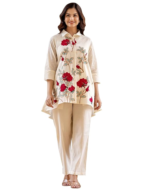 INDO ERA Women’s Pure Cotton Printed A-Line Kurta & Pant Set (IEOUT10123)