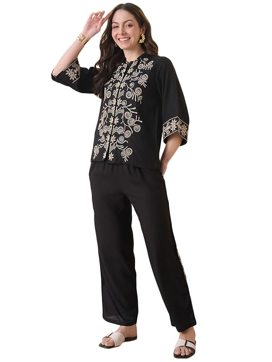 Stylum Women’s Solid & Embroidered Rayon Co-Ord Set (CSBLACKSOUL_Black)