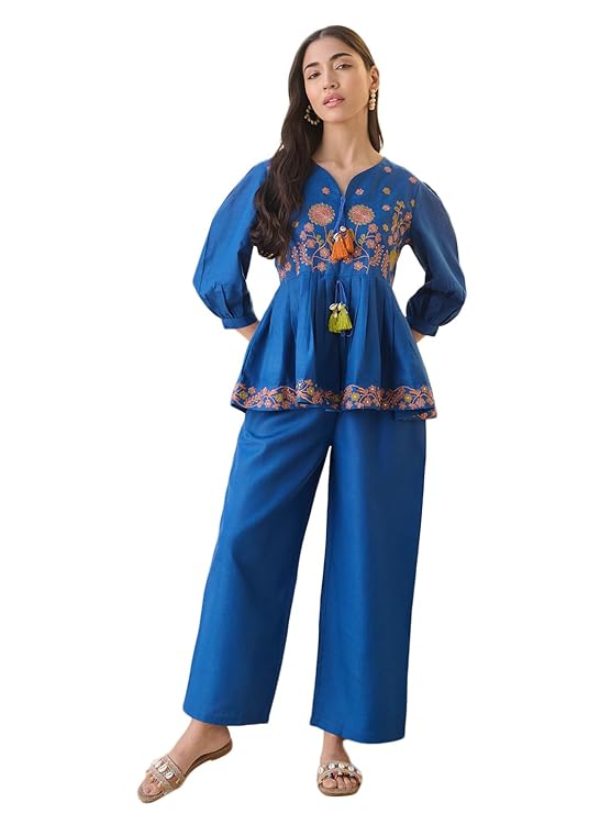 Stylum Women’s Solid & Embroidered Cotton Blend Co-ord Set (CSTEALRUHI_Teal)