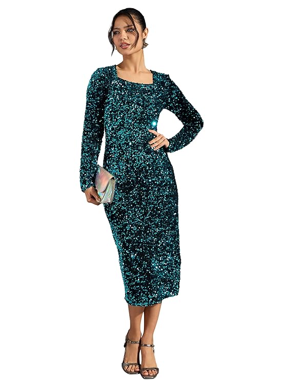 barcino Teal Velour Sequin Midi Dress