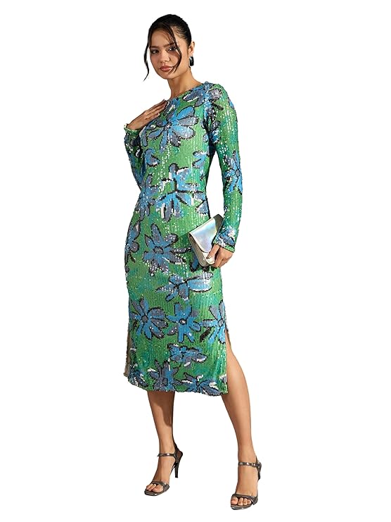 barcino Green Floral Sequin Round Neck Midi Dress