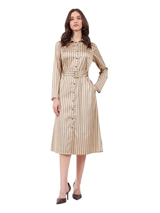 FableStreet Satin A-line Shirt Dress – Beige and Black
