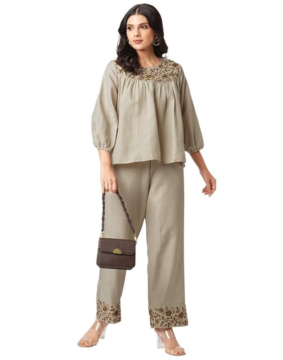 SIRIL Women's Co Ord Set | Cotton Blend Top and Pant Set | Two Piece Co Ord Set | Embroidery Co Ord Set