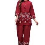 Women's Cotton Fabric Mandarin Collar 3/4 Sleeves Embroidered Co-ord Set with Straight Pants