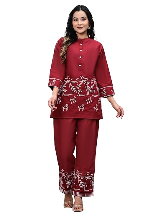 Women's Cotton Fabric Mandarin Collar 3/4 Sleeves Embroidered Co-ord Set with Straight Pants