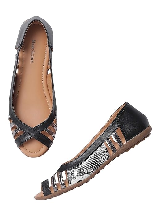 Marc Loire Women’s Faux Leather Comfortable Open-Toe Slip-On Flat Ballerina Shoes for Casual Wear, Party and Formal Occasions.