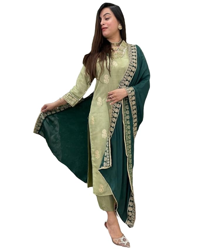 GoSriKi Women’s Rayon Viscose Printed Straight Kurta with Pant & Dupatta