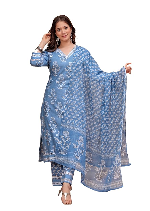 MEERA FAB Women’s Cotton Blend Straight Printed Kurta with Palazzo & Dupatta