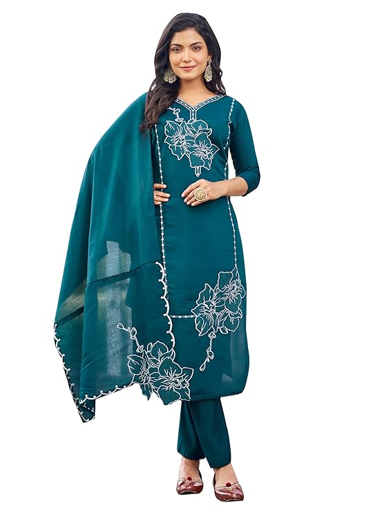 SWORNOF Kurta Set for Women with Dupatta | Premium Cotton Blend Solid Kurta Set for Women with Dupatta | Thready Work | Soft and Skin Friendly | Kurta Pant Set