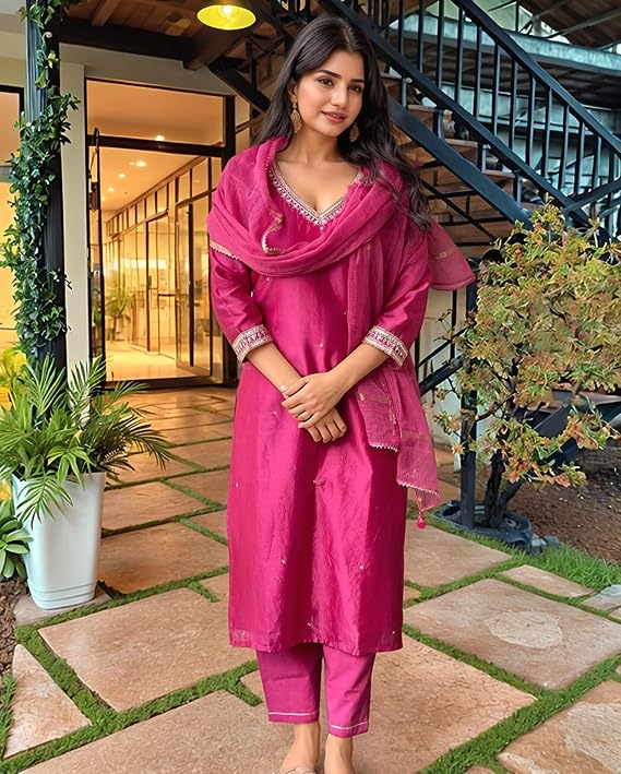 ANNI DESIGNER Women’s Pure Cotton Kurta Plazzo Dupatta Set | Hand Embroidered Neck Design | Ethnic Wear Kurti Set for Women Cotton Suit Set | Traditional Festive Dress for Women