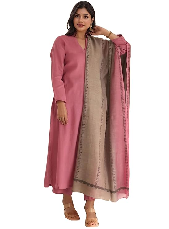 GoSriKi Women’s Silk Blend Straight Solid Kurta with Pant & Dupatta