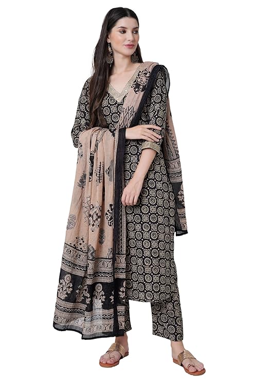 Arayna Women’s Cotton Block Printed Straight Kurta with Palazzo Pants and Dupatta Set