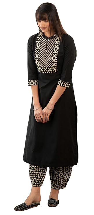 Yashika Women’s 3/4 Sleeve Solid Black Color Kurti Pant Set, Cotton Blend, Knee Length, Stylish Ethnic Outfit, Office, and Casual Occasions
