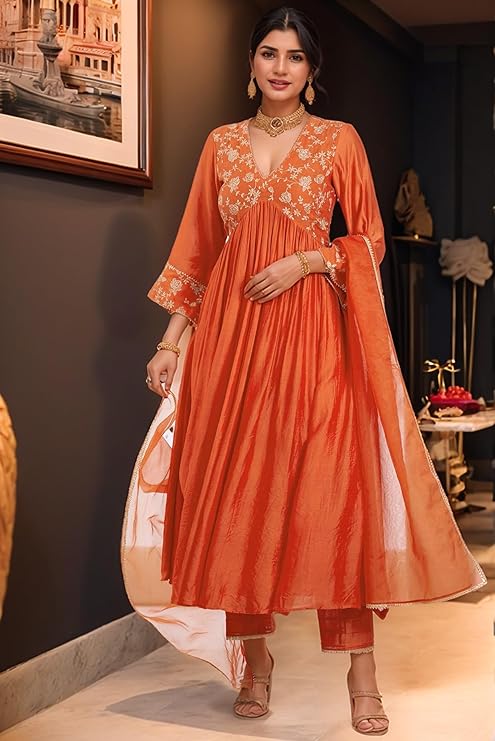 ANNI DESIGNER Women’s Rayon Viscose Anarkali Embroidered Kurta with Pant & Dupatta