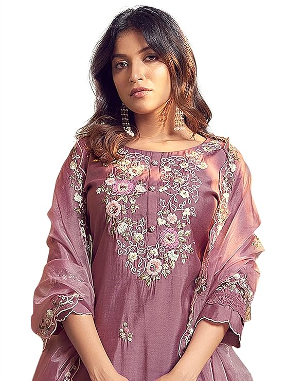 INDO ERA Silk Blend Women’s Embroidered Straight Kurta Pant With Dupatta Set