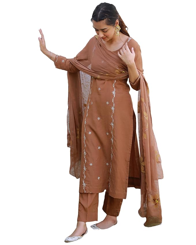 GoSriKi Women’s Rayon Viscose Embroidered Straight Kurta with Pant & Dupatta