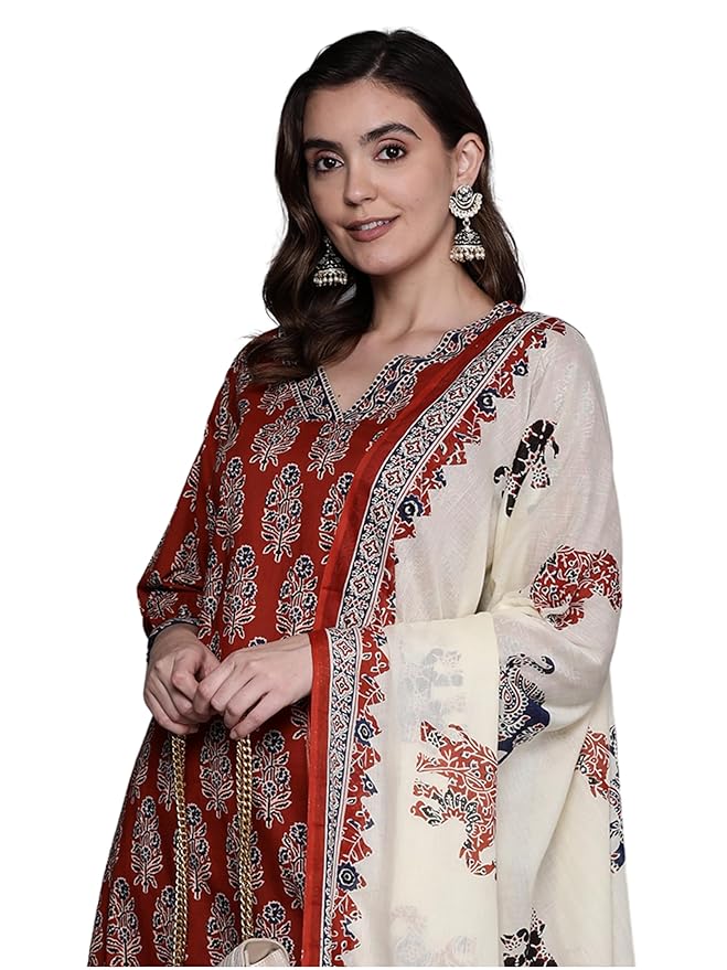 INDO ERA Printed Pure Cotton Kurta with Pant & Dupatta Set for Women