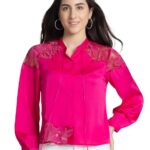 SHAYE Band Collar Fuchsia Embroidered Long Sleeves Satin Casual Tops for Women