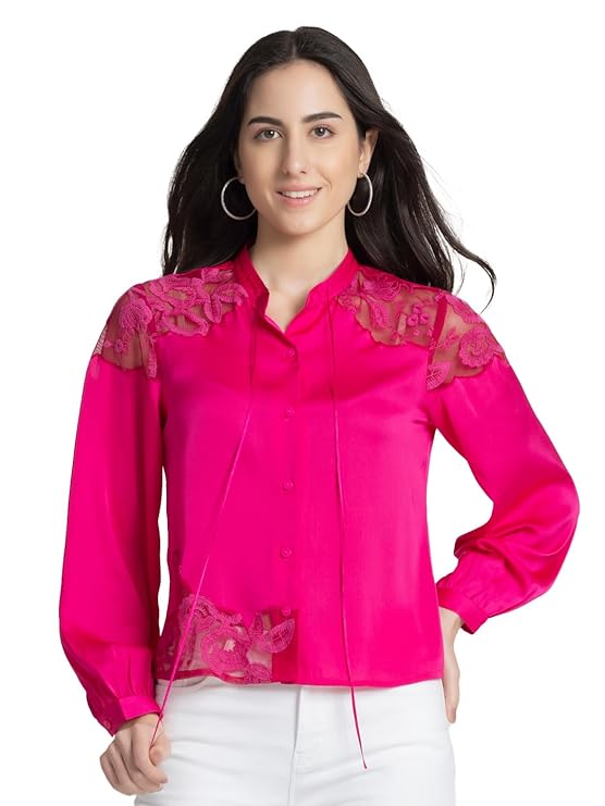 SHAYE Band Collar Fuchsia Embroidered Long Sleeves Satin Casual Tops for Women