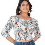 Yash Gallery Women's Rayon Floral Printed Square Neck Puff Sleeve Top