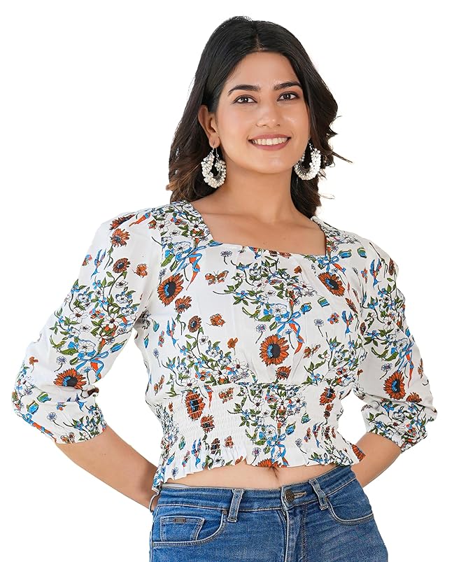 Yash Gallery Women's Rayon Floral Printed Square Neck Puff Sleeve Top