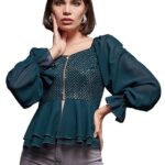 Miss Chase Women's Sweetheart Neck Full Sleeve Embellished Georgette Regular Top