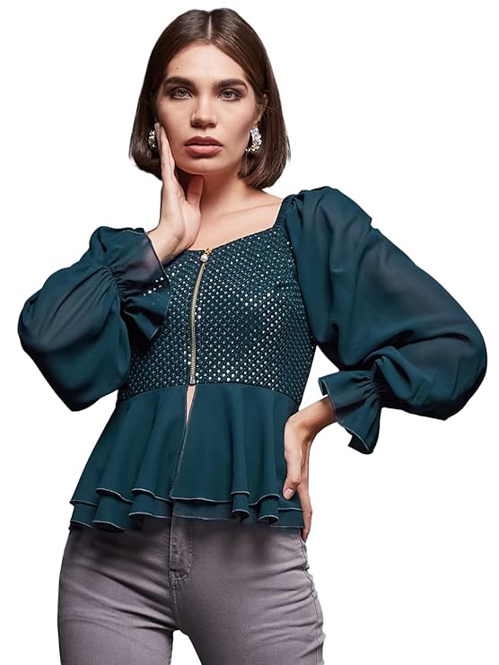 Miss Chase Women's Sweetheart Neck Full Sleeve Embellished Georgette Regular Top
