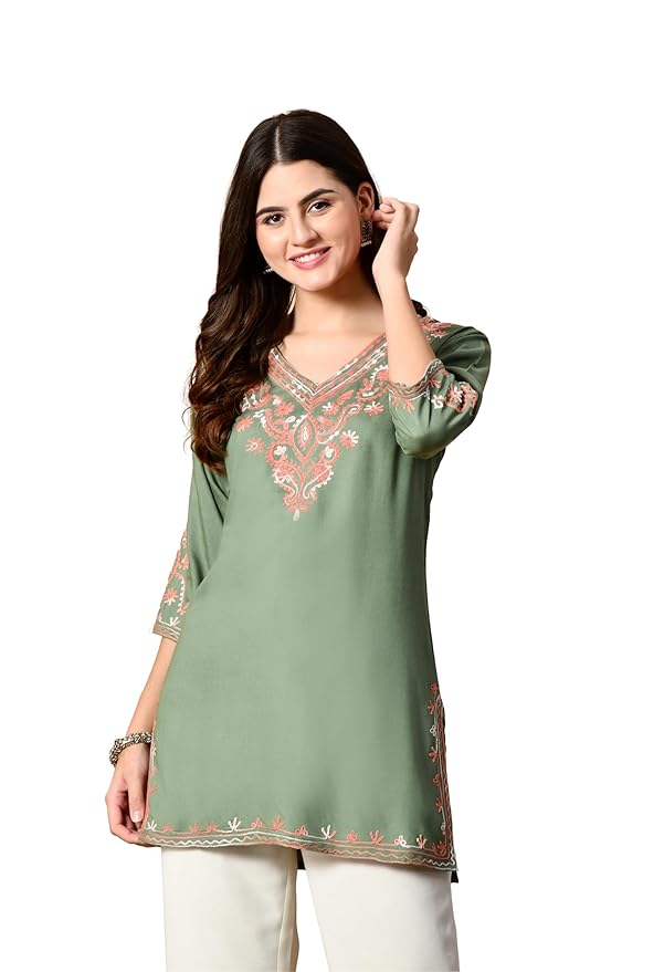 Liboza Embroidered Kashmiri Tunic Top, Short Kurti for Women on Jeans, V-Neck, 3/4 Sleeve, Floral Design,