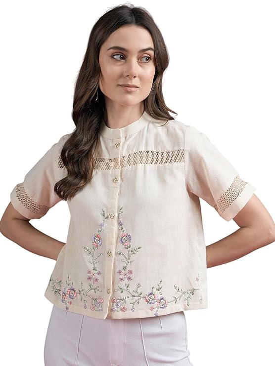 SheWill Beige Women’s Embroidered Cotton Shirt – Casual Chic, Regular Fit, 3/4 Sleeve, Round Neck, Machine Washable – Ideal for Office ALLSH1452_QTR-XXL