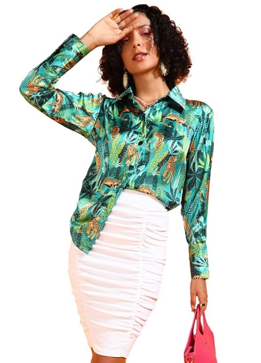 POPWINGS Printed Full-Sleeves Regular-Fit Satin Printed Shirt for Women Stylish Western Casual Wear