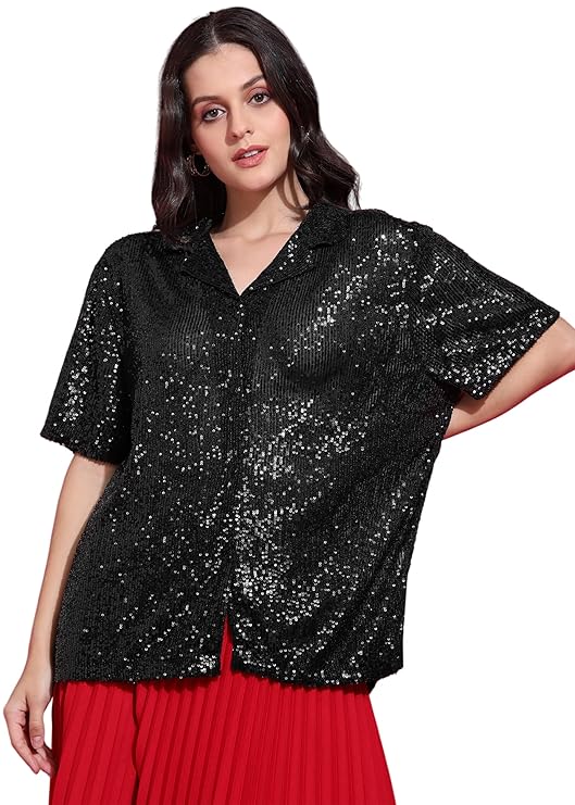 SAFFE Women’s Party Casual Shirt/Top Elegant Embellished Shirt Loose Fit Half Sleeve Collar Neck
