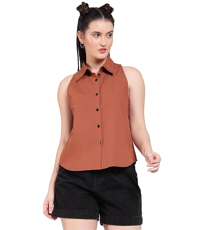DEEBACO Solid Cotton Halter Style Shirt for Women's|Spread Collar Neck Sleeveless Regular Fit High Hip Length Gen Z Aesthetic Summer Vibes Western Party Casual Wear