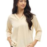 SheWill White Printed Top with Contrast Tipping Stylish Ethnic and Western Tops for Women Summer Travel Wear Trendy Tops for Jeans Lightweight Comfortable Casual