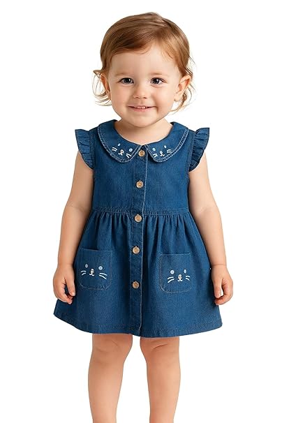 Bold N Elegant Cotton Denim Shift Knee Length Dress Frock Tunic For Infant Toddler Baby Girl’s