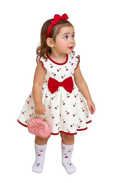 ER Life Style Girls’ Rayon Princess A-Line Knee-Length Casual Dress Cherry Floral Printed Girls Dress, (12 Months,24 Months)