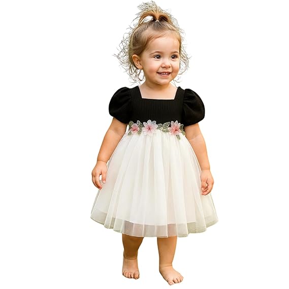 balakam Baby Girl’s Floral Print Dress with Puff Sleeves, Knee-Length Slip-On Dress in Soft Polyester Blend for Casual Wear