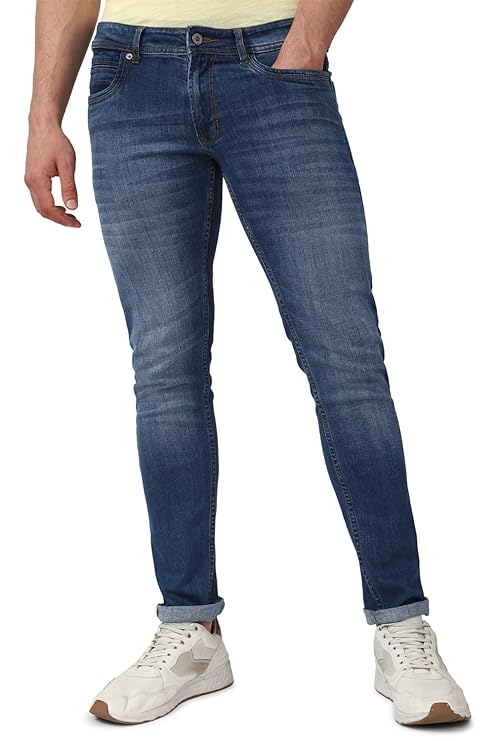 Peter England Men’s Mid Wash Stretchable Mid Rise Jeans Medium Blue