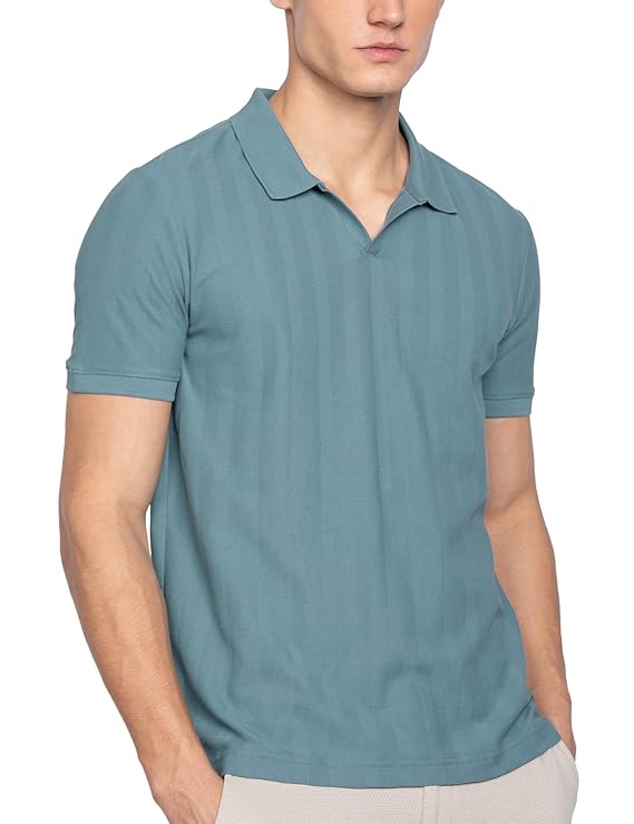DAMENSCH Men’s Statement Textured Regular Fit Polo T-Shirts | Premium Cotton, Herringbone Texture, Johnny Collar