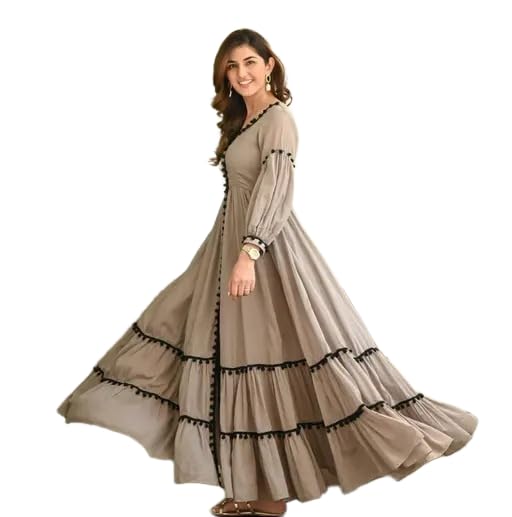 Women’s Tiered Maxi Dress, Grey with Black Lace Trim, Long Sleeve Button Front,Rayon Fabric V-Neck Dress