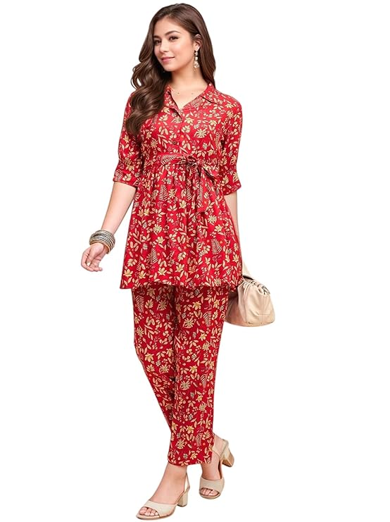RICHIK Women’s Collared Cord Set|Kurta Set for Women|Printed Kurta with Pant for Women